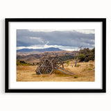 Extra large abstract art print depicting a textured New Zealand Otago landscape in muted earth tones, framed in black.