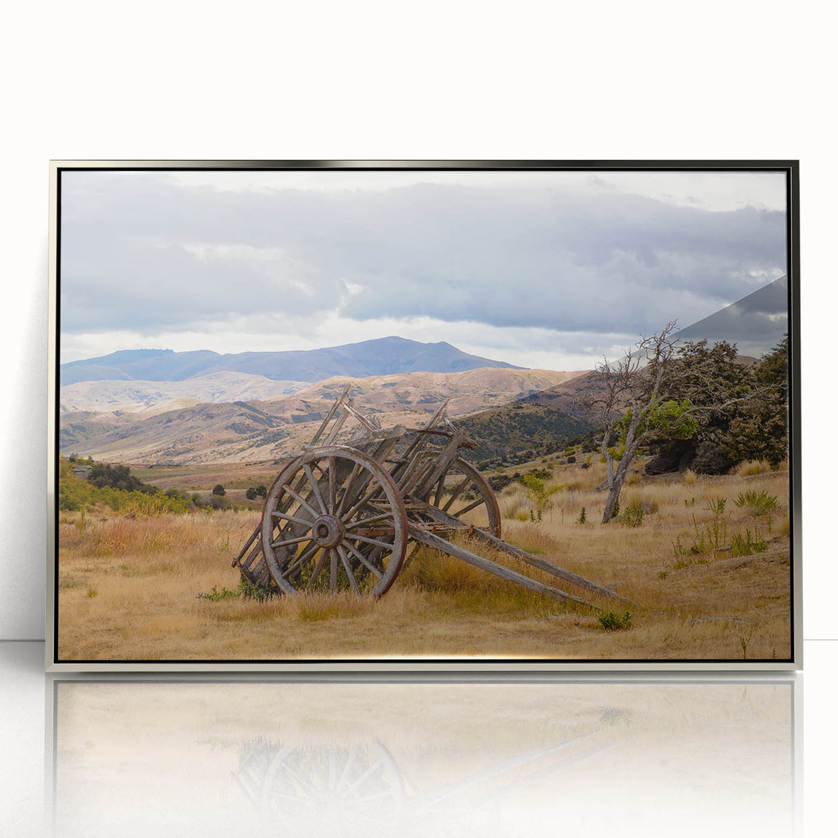 Mid-century modernist art depicting the Otago, New Zealand scenery in muted earth tones on a framed acrylic print.