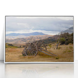 Art deco poster of Otago, New Zealand scenery in muted earth tones on a white framed acrylic.