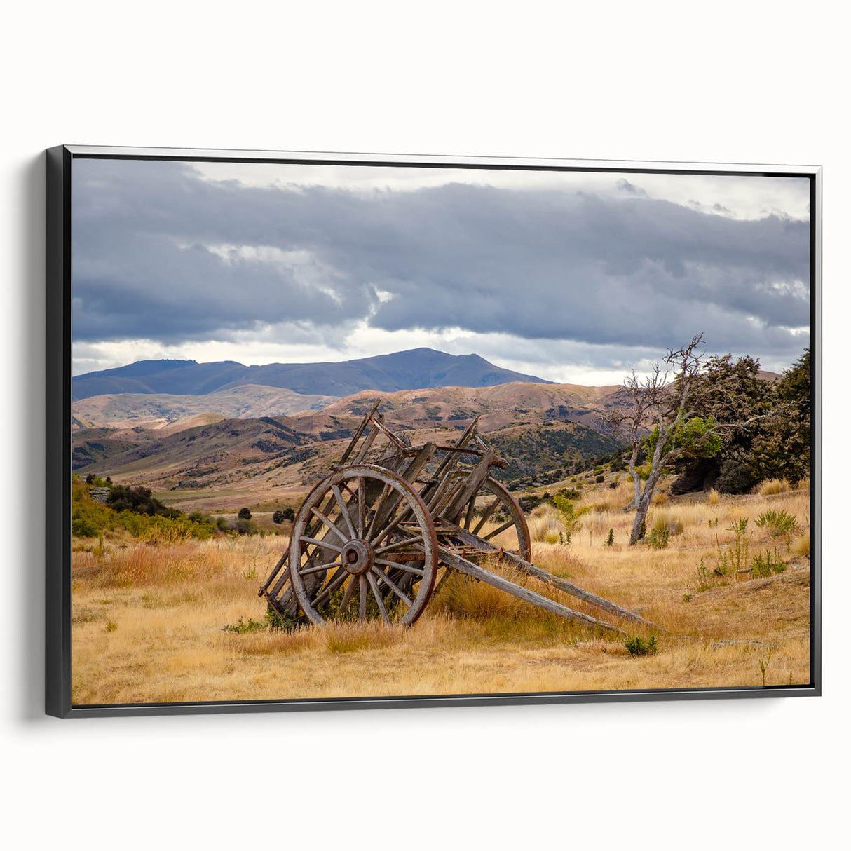 Black and white framed canvas of Otago, New Zealand landscape, ideal for bedroom wall art.