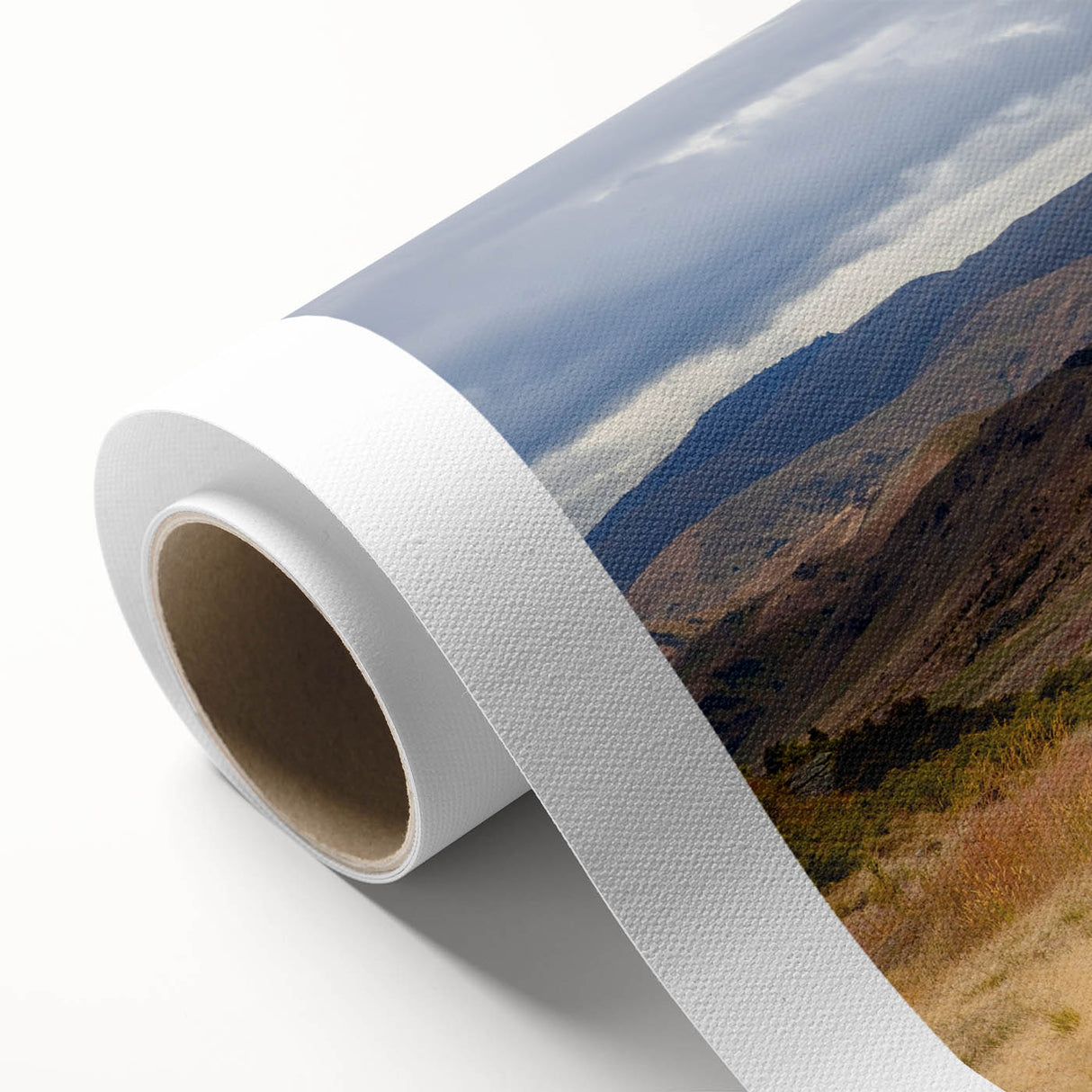 Art deco poster of Otago, New Zealand landscape in muted greens and blues on rolled canvas, ideal for nursery wall art.