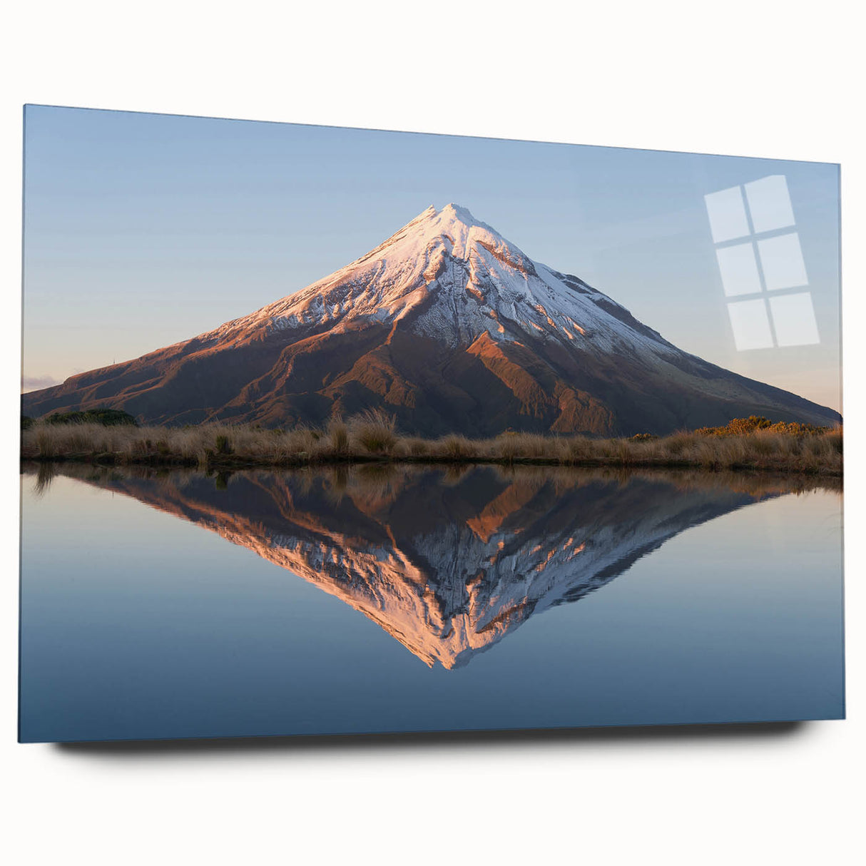 Large abstract wall art depicting Taranaki, New Zealand, in muted blue tones on acrylic glass.