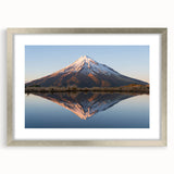 Textured abstract art print of New Zealand's Taranaki scenery in silver frame, ideal for bedroom art.