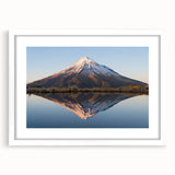 Abstract art print of Taranaki in New Zealand, featuring muted earth tones on a framed white mat.