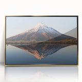 Large art print of Taranaki, New Zealand in mid-century modernist style, framed acrylic with gold hues.