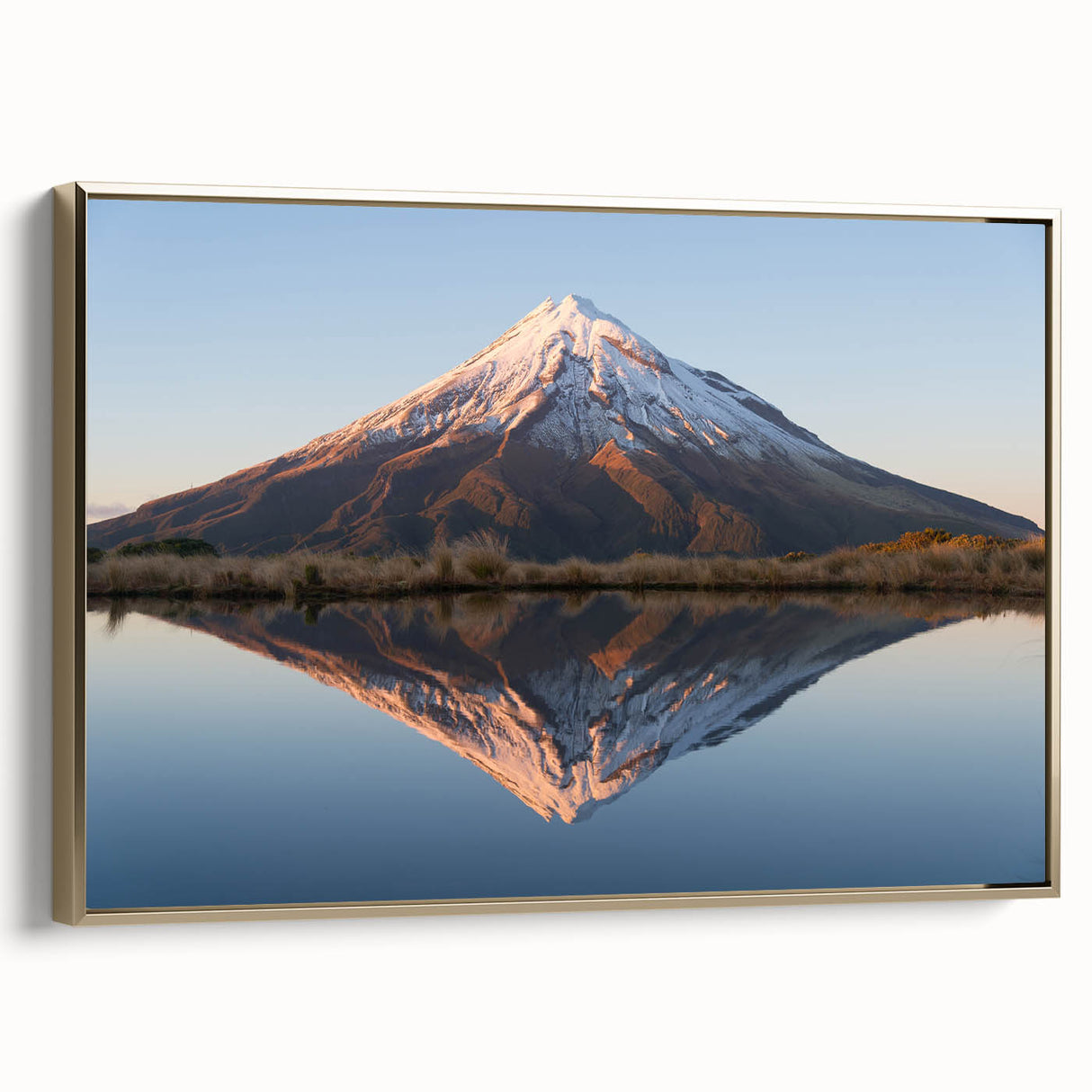Framed canvas featuring a vintage-style landscape of Taranaki, New Zealand in black and gold tones.