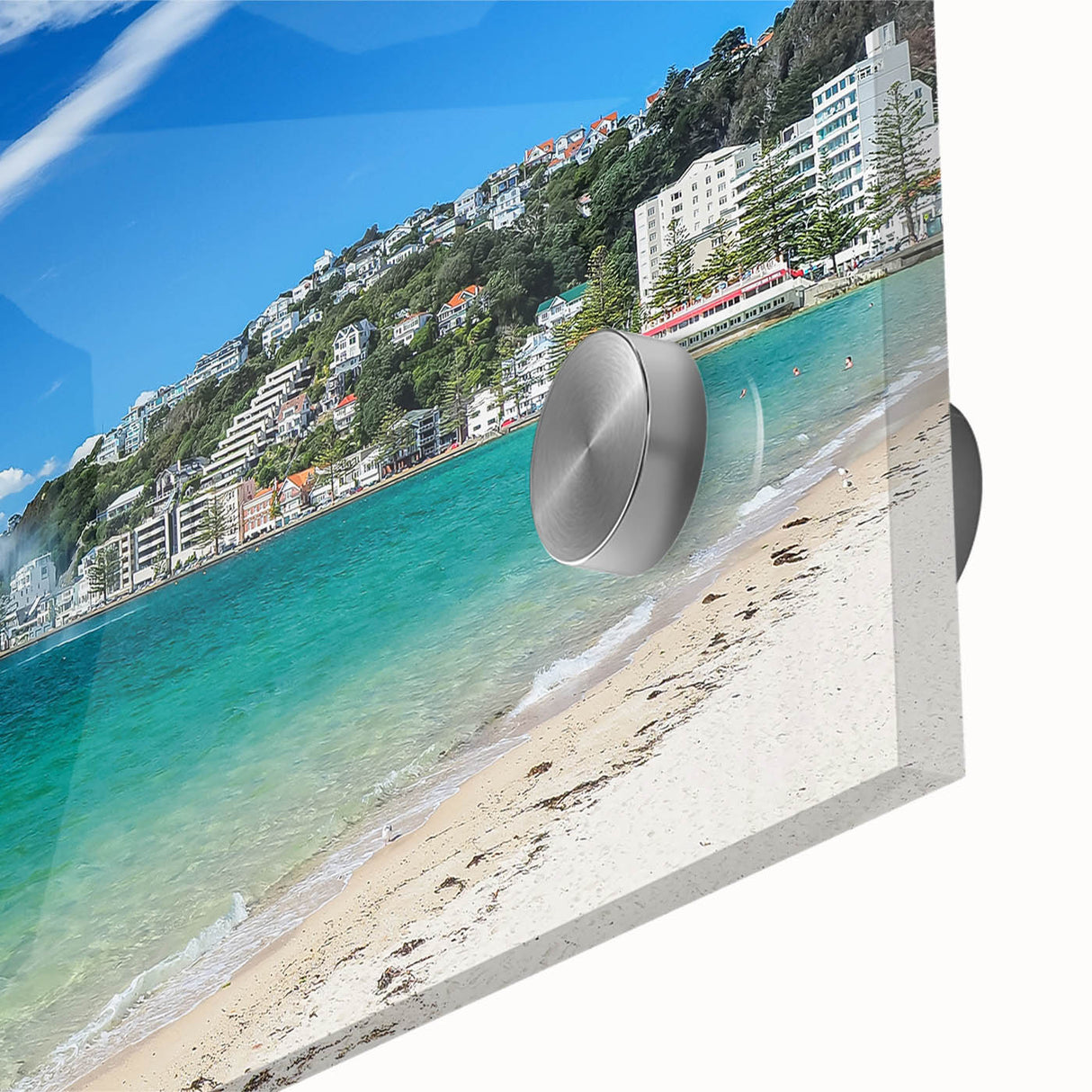 Large abstract wall art depicting the Wellington, New Zealand skyline in muted gray and blue tones on acrylic glass.