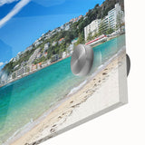 Large abstract wall art depicting the Wellington, New Zealand skyline in muted gray and blue tones on acrylic glass.