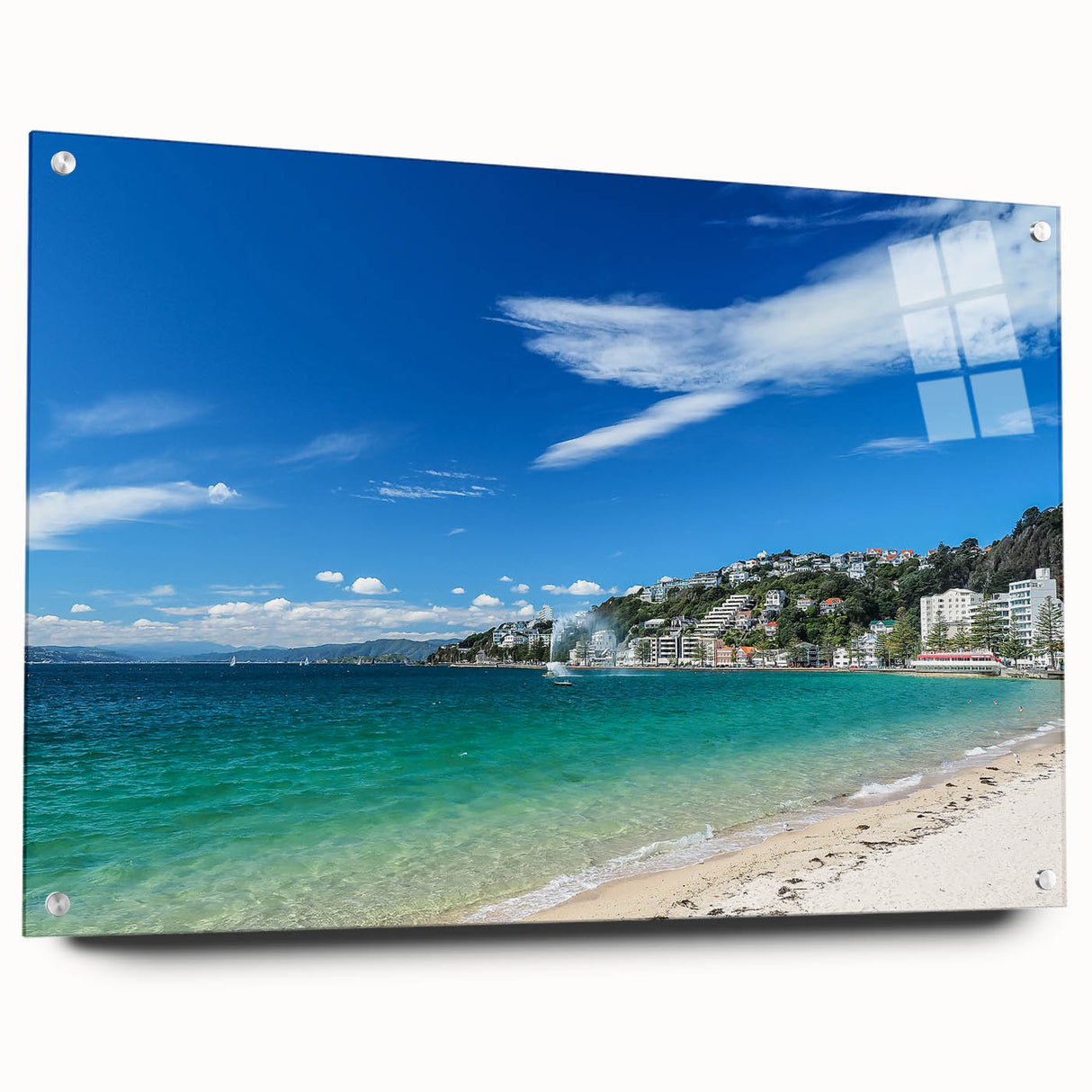 Acrylic print of Wellington, New Zealand with vivid blue and green tones, ideal for dining room decor.