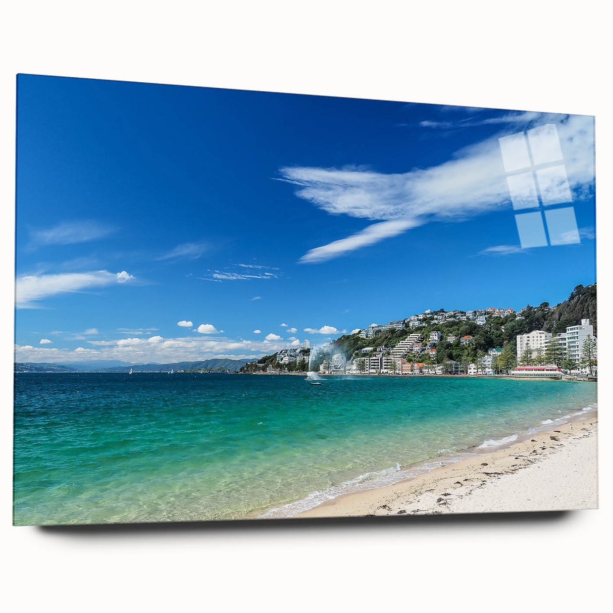 Acrylic print of a large abstract depiction of Wellington, New Zealand, in muted earth tones.