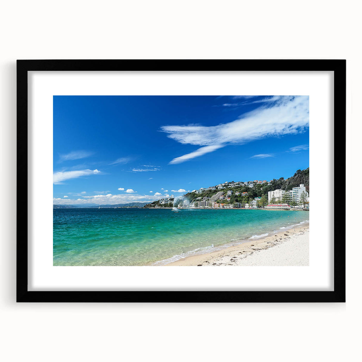 Colorful abstract art print of Wellington scenery on a textured canvas, framed in black, ideal for living room decor.