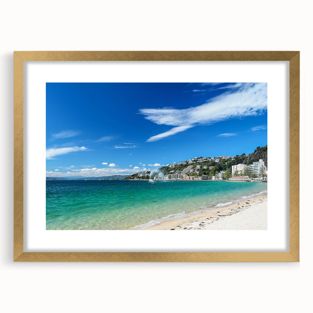 Extra large abstract art print of Wellington scenery in muted earth tones, framed with a gold mat.