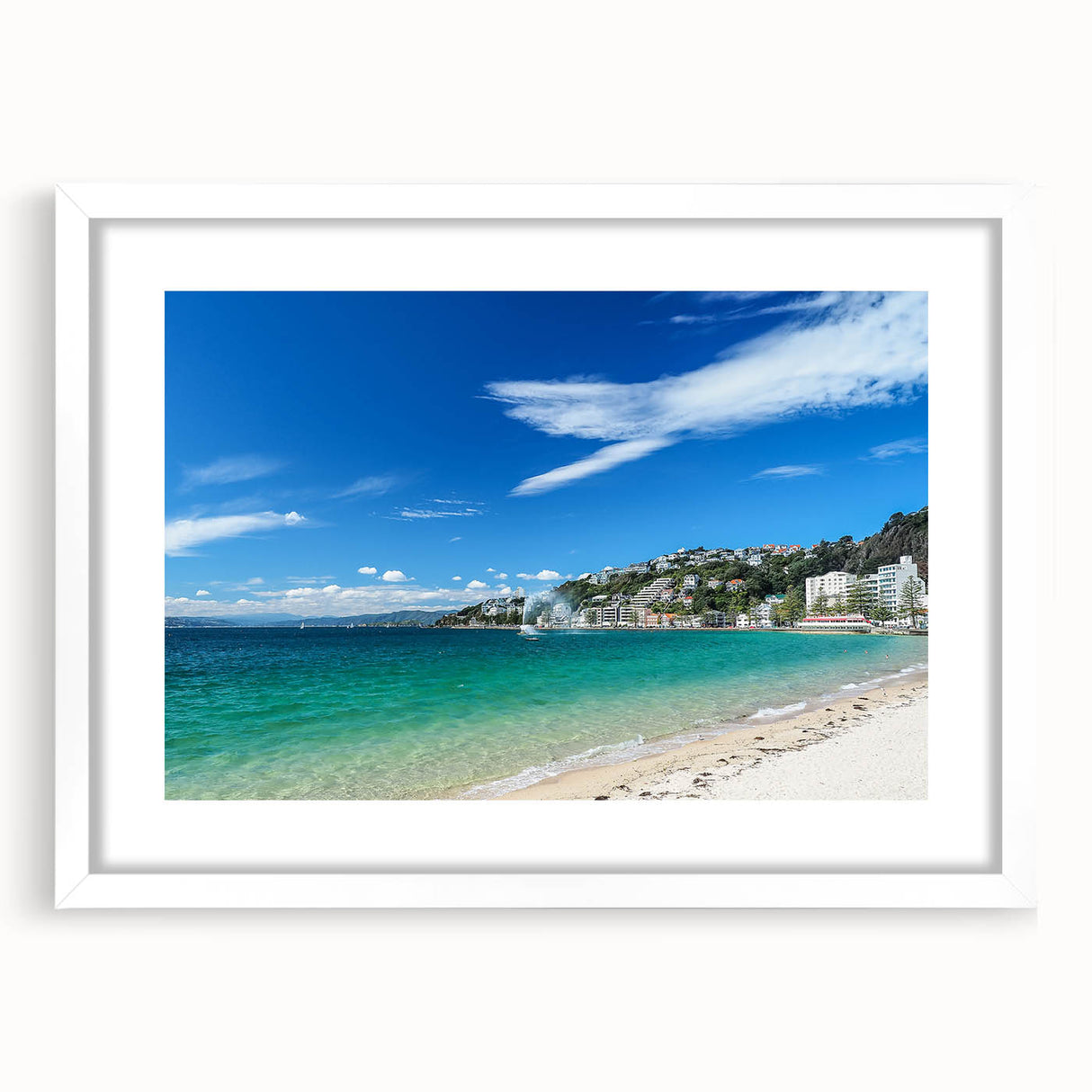 Abstract art print of Wellington scenery in muted gray and blue tones on a white framed canvas.