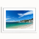 Abstract art print of Wellington scenery in muted gray and blue tones on a white framed canvas.