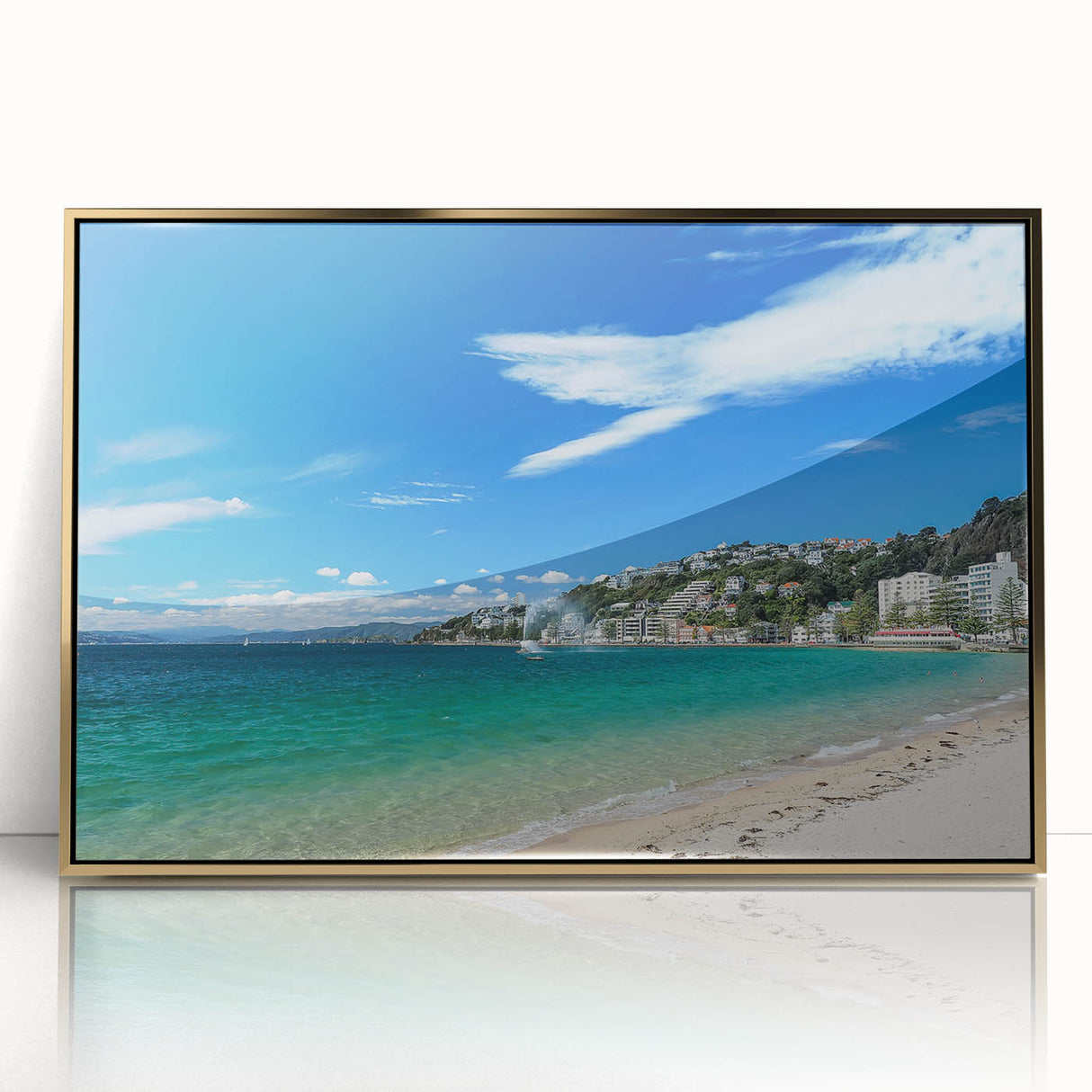 Large art print of Wellington, New Zealand in mid-century modernist style, featuring muted earth tones on a framed acrylic.