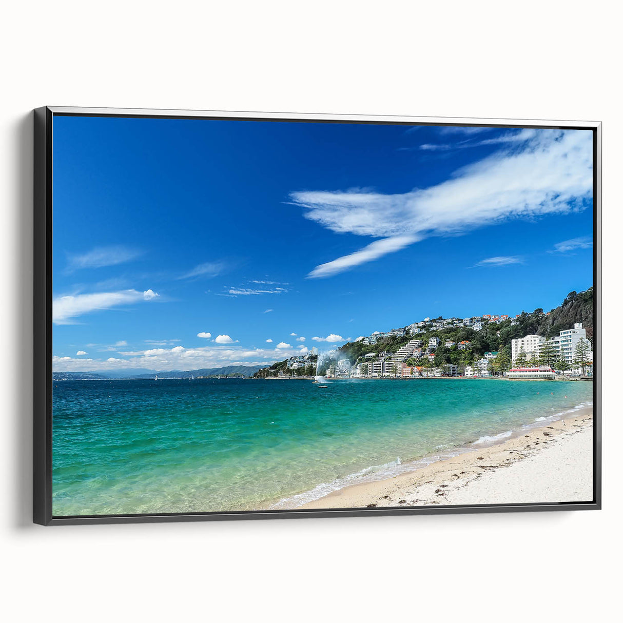 Black and white landscape art painting of Wellington, New Zealand on framed canvas, ideal for bedroom wall decor.