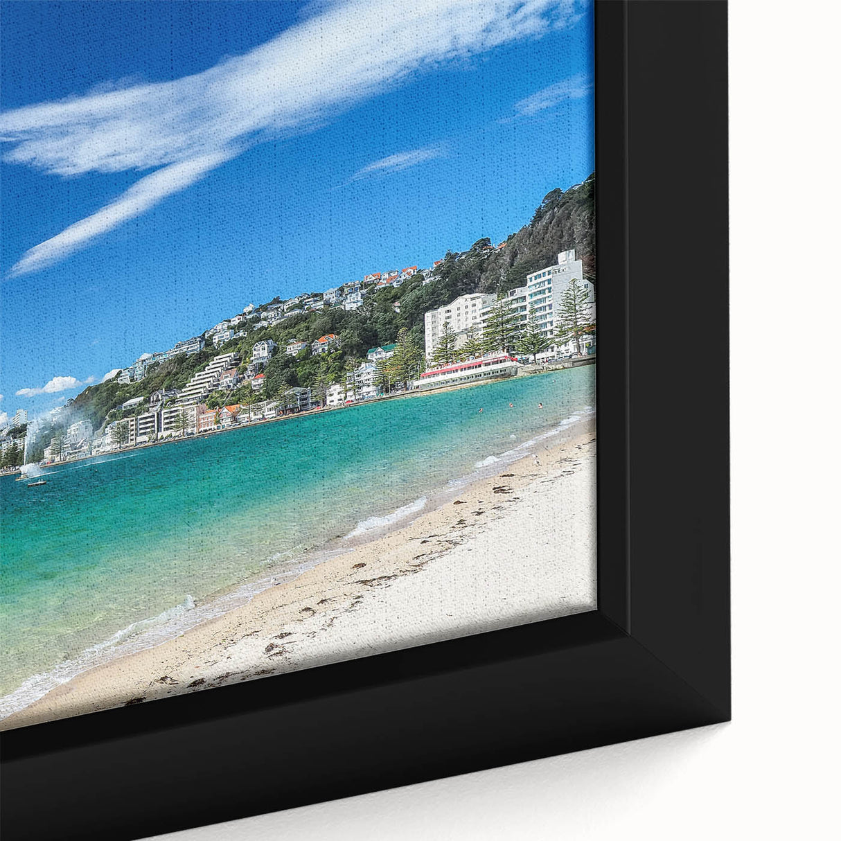 Framed canvas depicting a textured, colorful art scene of Wellington, New Zealand, in muted black and vibrant hues.