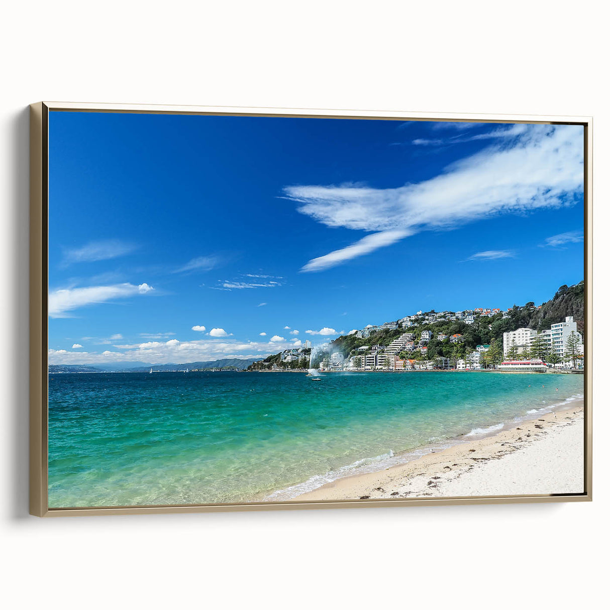 Framed canvas featuring a vintage-style landscape painting of Wellington, New Zealand, in black and gold tones.