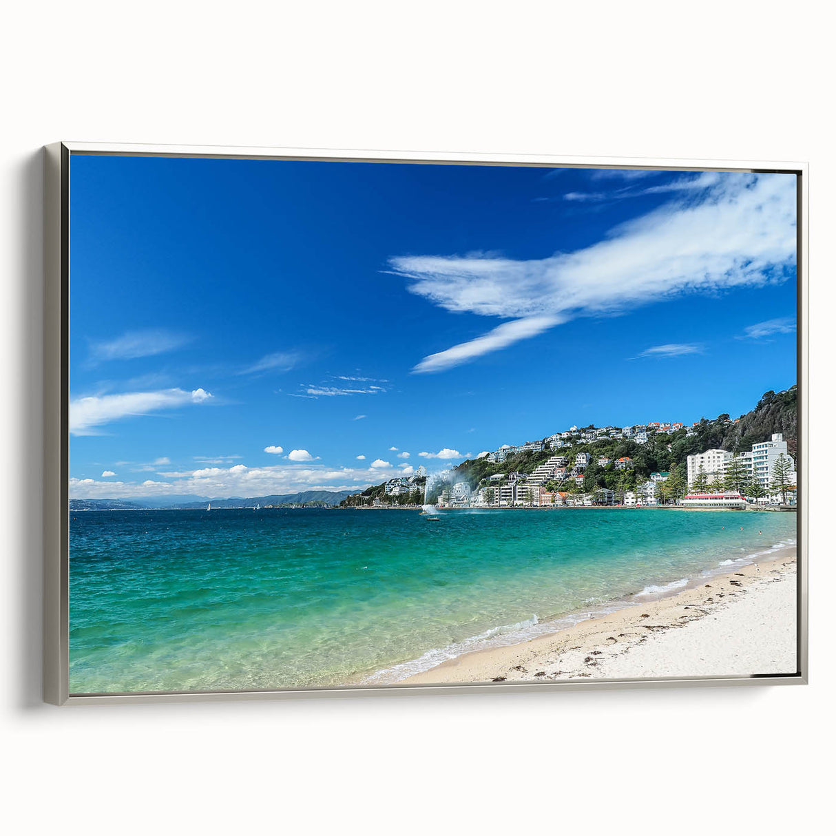 Framed canvas landscape art painting of Wellington, featuring colorful vintage-style design.