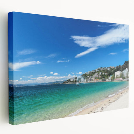 Stretched canvas featuring a panoramic view of Wellington, New Zealand with muted green and blue tones.