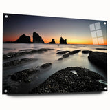 Acrylic print of a serene New Zealand West Coast landscape, in muted blue and green tones.