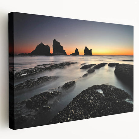 Large canvas print of New Zealand's West Coast, in muted green and blue tones, suitable for kitchen wall art.