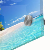 Large abstract wall art in mid-century modernist style on acrylic glass, featuring oceanic blues and greens.