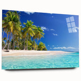 Large abstract oceanic scene in blue and teal hues on acrylic glass, suitable for bedroom or dining room decor.