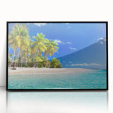 Large abstract wall art depicting oceanic scenery in muted blue tones on a framed acrylic print.