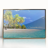 Large art print of an abstract oceanic scene in muted blue and gold tones on framed acrylic.