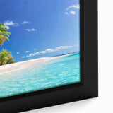 Close-up of extra large black wall art on framed canvas depicting vibrant, textured oceanic scenery.