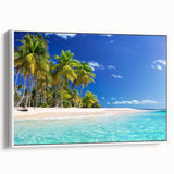 Vintage poster art of a scenic Oceania coastline on a framed canvas, featuring vibrant blue and green tones.