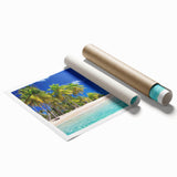 Extra large rolled print of a serene Oceania landscape with soft pastel floral accents, ideal for classy bathroom wall art.