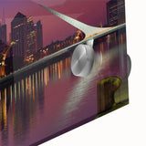 Large abstract wall art of Buenos Aires skyline in muted gray and blue tones on acrylic glass, ideal for dining room art.