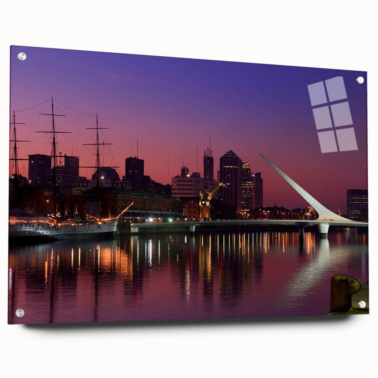 Acrylic print of a large abstract depiction of Buenos Aires with vibrant blue and orange hues, ideal for dining room decor.