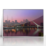 Art deco poster of Buenos Aires skyline in muted silver and white tones, acrylic framed, ideal for modern art wall decor.