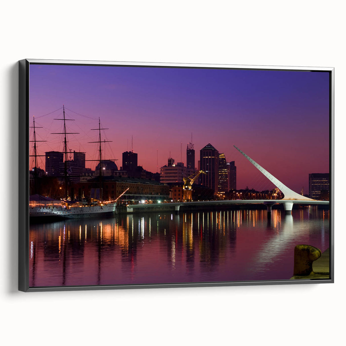 Black and white framed canvas depicting a vintage-style landscape of Buenos Aires, ideal for bedroom decor.