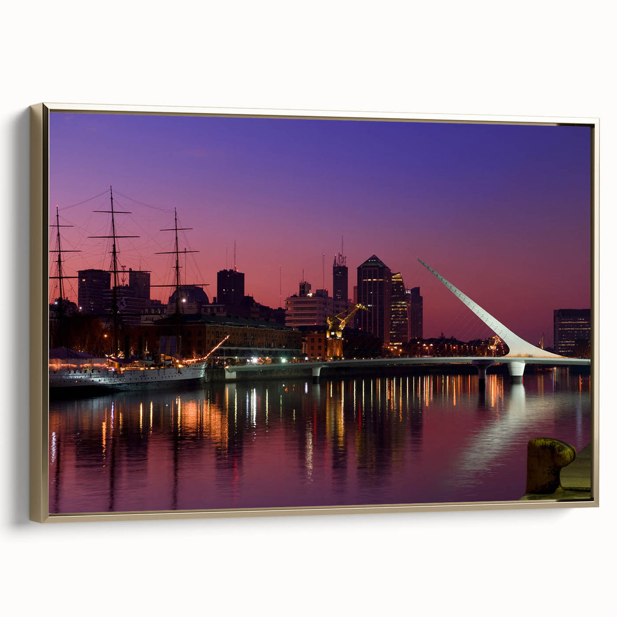Framed canvas of a vintage-style Buenos Aires landscape with muted gold and black tones, ideal for bedroom wall art.