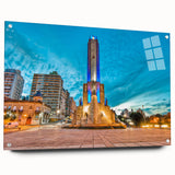 Acrylic print of a large abstract depiction of an Argentine landscape in vibrant blue and green tones.