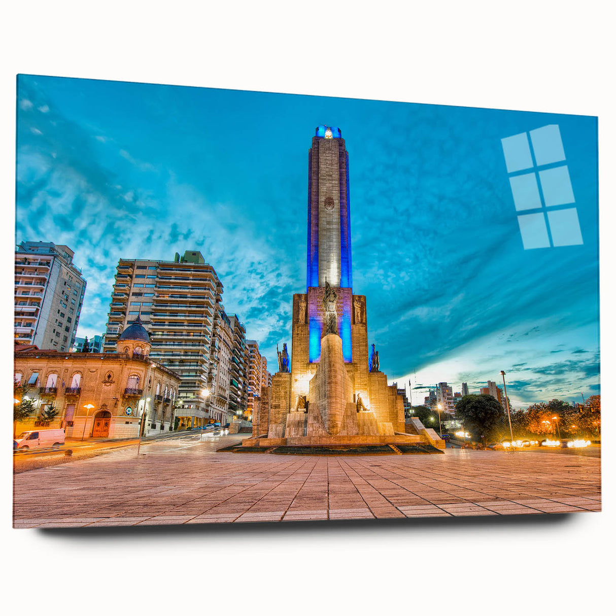 Large abstract depiction of an Argentine landscape in muted earth tones on acrylic glass.