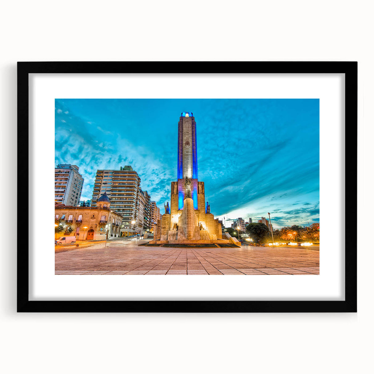 Extra large abstract art print of a colorful, textured South American scenery in a black frame with mat.