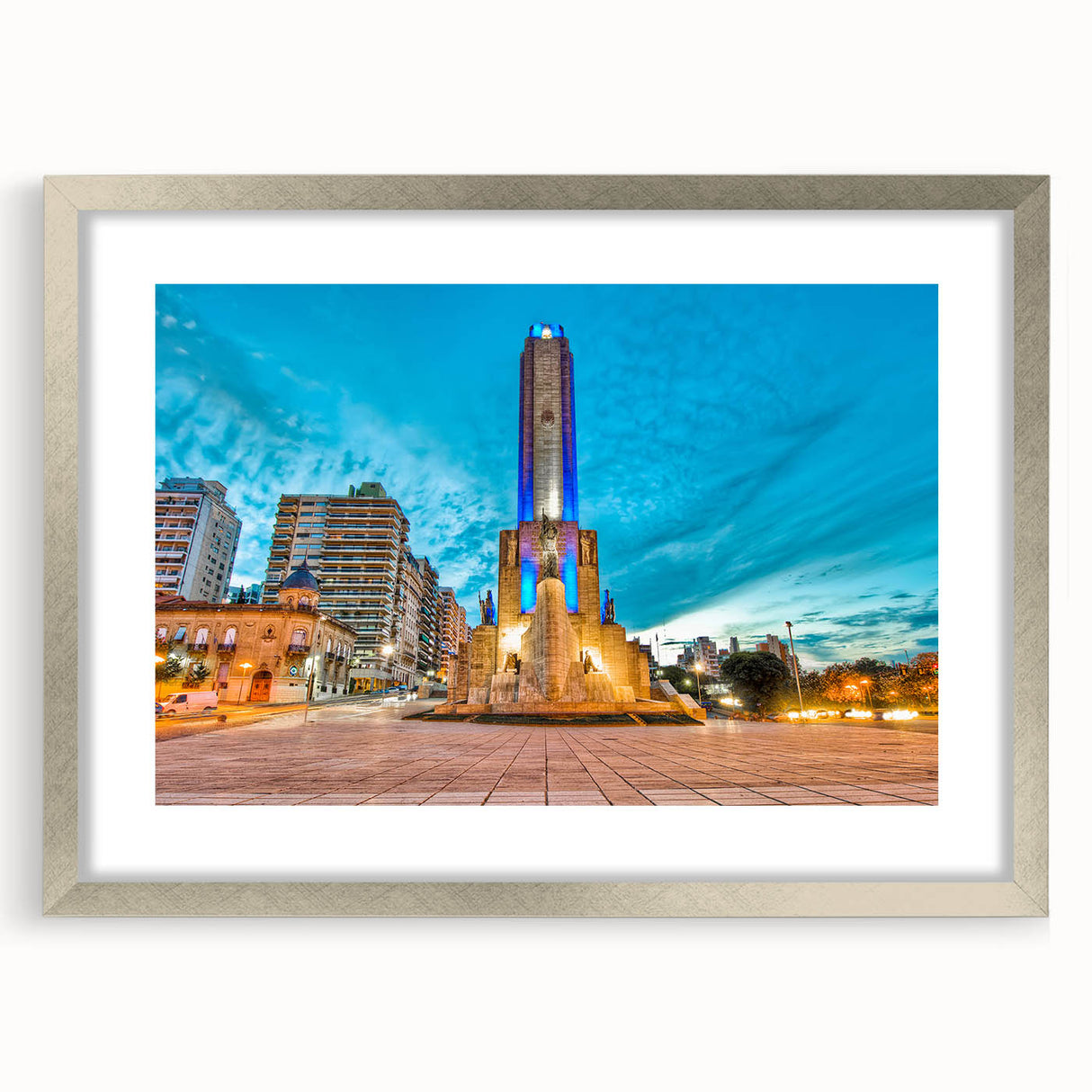 Textured abstract art print depicting a serene Argentine landscape, in a silver frame, suitable for bedroom decor.