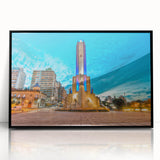 Large abstract wall art depicting a stylized South American landscape in muted earth tones, framed in black acrylic.