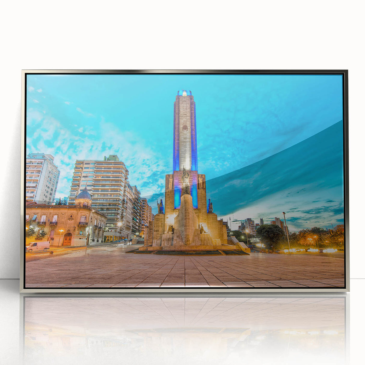Mid-century modernist art depicting a serene Argentinian landscape in muted earth tones, framed in silver acrylic.