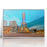 Acrylic print of an art deco style Argentine landscape, featuring serene blue tones, ideal for modern nursery wall decor.