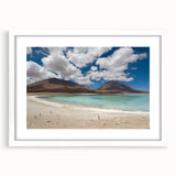 Abstract art print of a Bolivian landscape, with muted earth tones on a framed white mat, ideal for dining room decor.