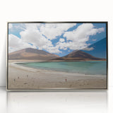 Mid-century modernist art of a Bolivian landscape in muted earth tones, framed in silver acrylic.