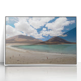 Acrylic print of a Bolivian landscape in muted earth tones, framed in white, suitable for modern nursery decor.