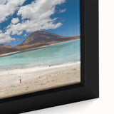 Framed canvas depicting a textured, colorful Bolivian landscape, ideal for extra large living room wall art.