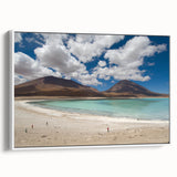 Framed canvas of a vintage poster art depicting the Bolivian landscape, featuring vibrant colors on a black background.